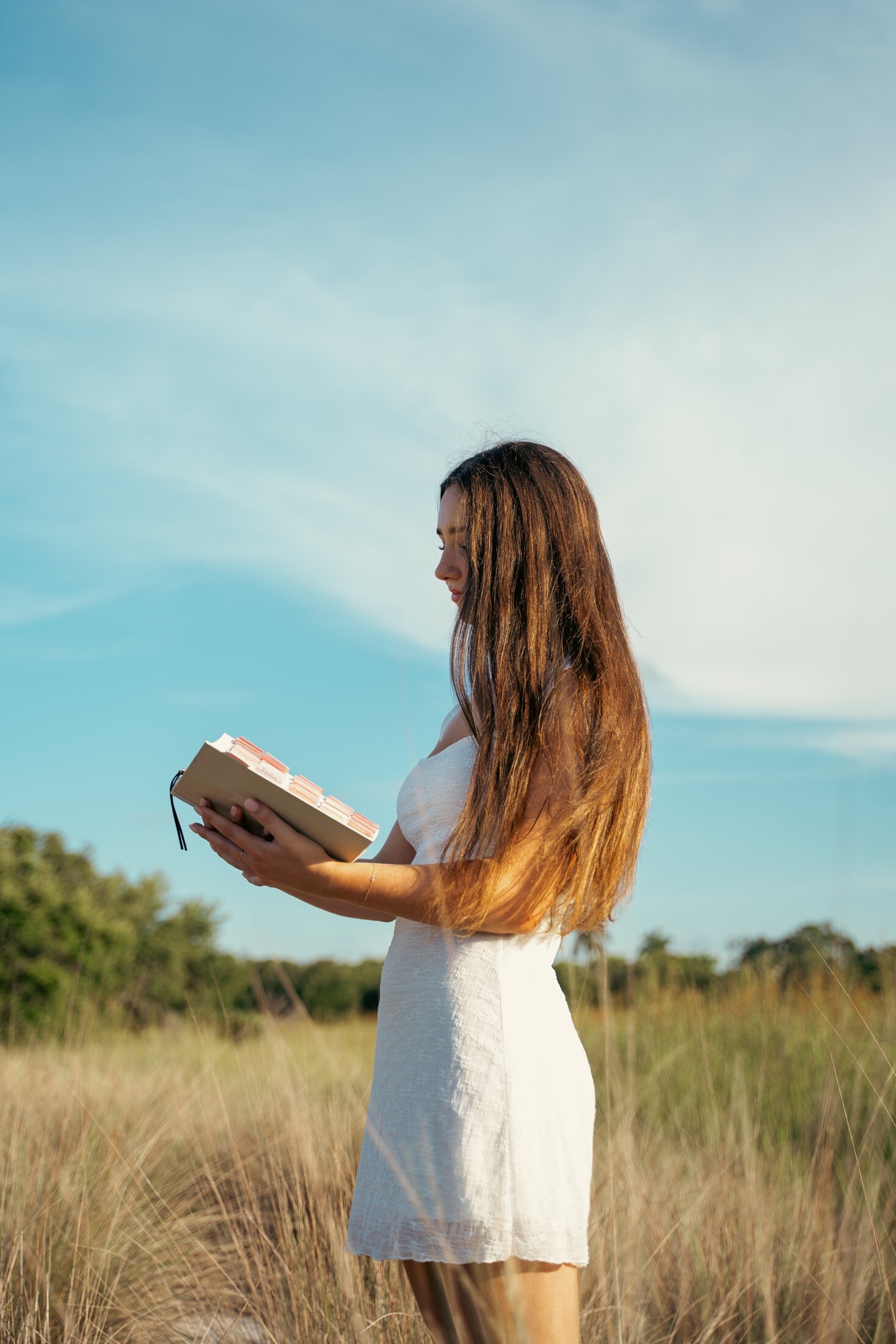 Senior portrait in an open field at golden hour